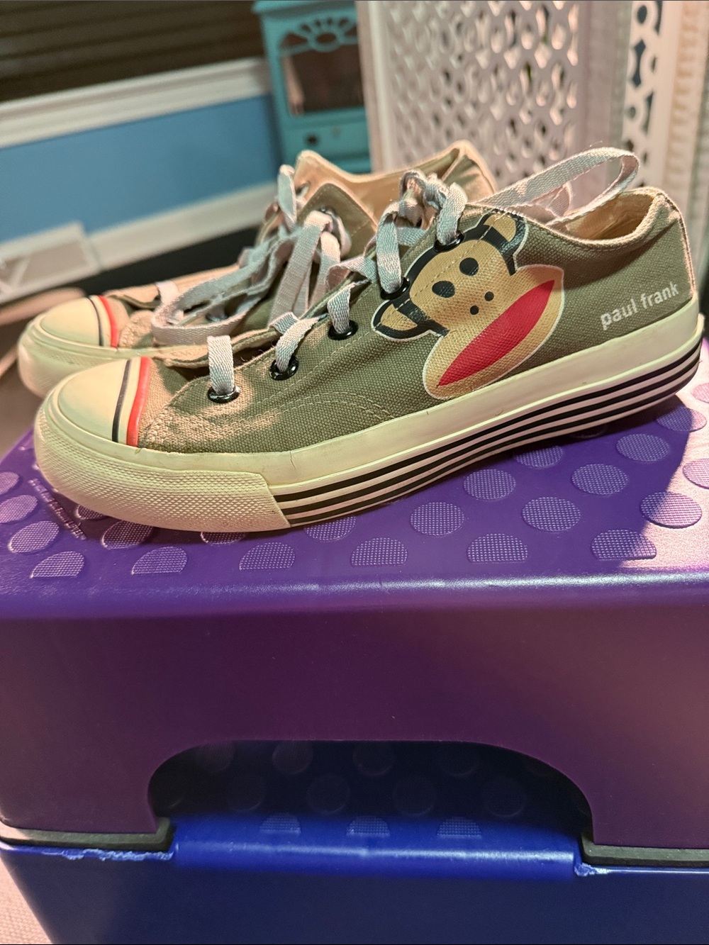 Paul Frank Kids Sage Green Low-Top Sneakers with Red Accent
